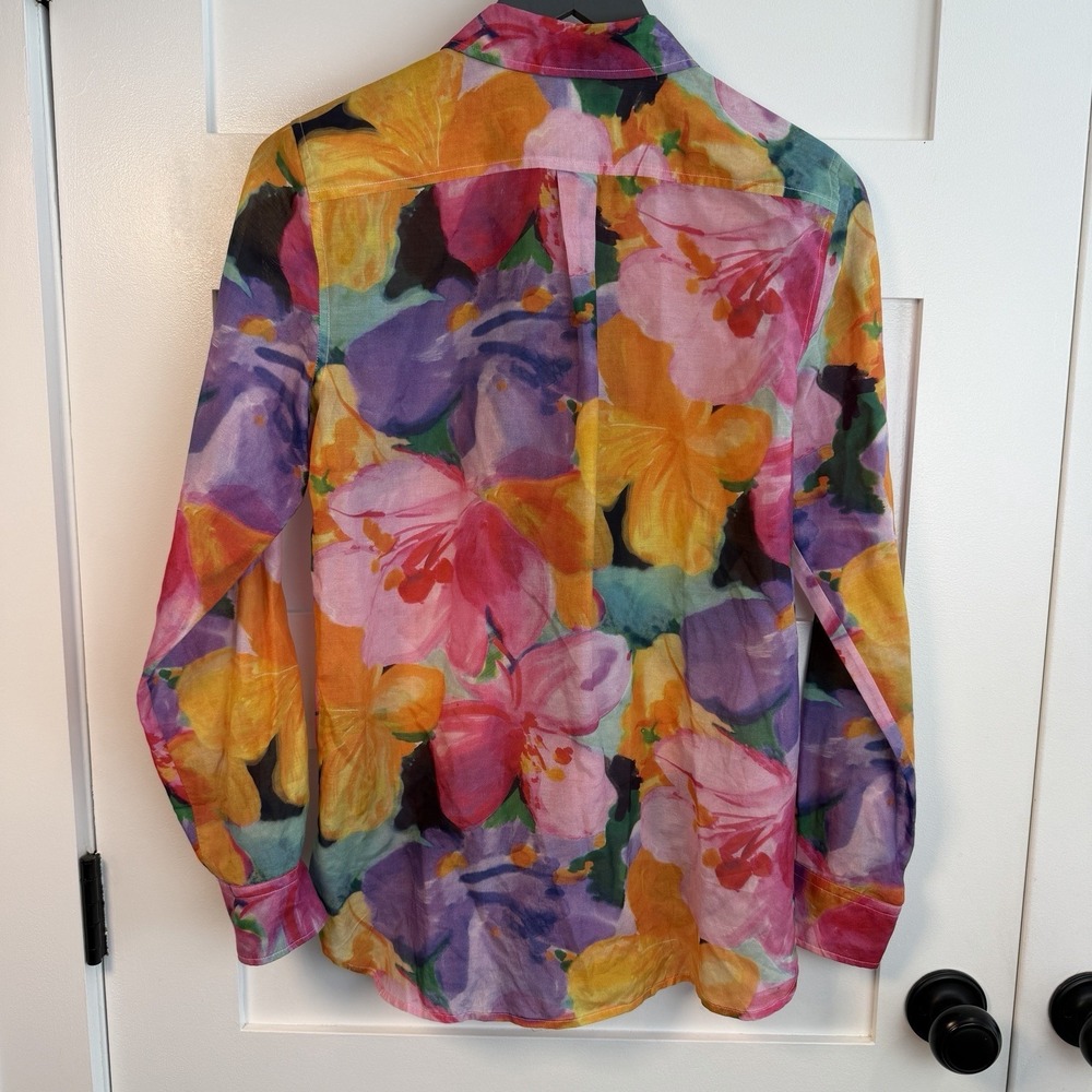LRL Ralph Lauren Womens S Button Up Floral Silk Cotton Blouse Shirt Watercolors - Picture 12 of 15